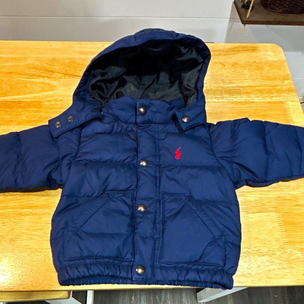 Polo by Ralph Lauren Blue Hooded Down Puffer Jacket Full Zip Pockets 9-12M